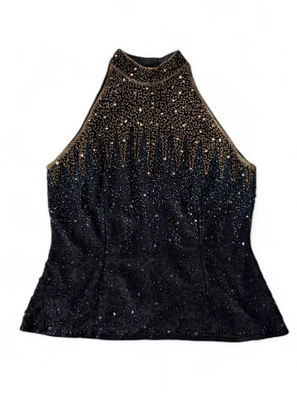 Black Halter Tank Top with Gold Sequin Accents